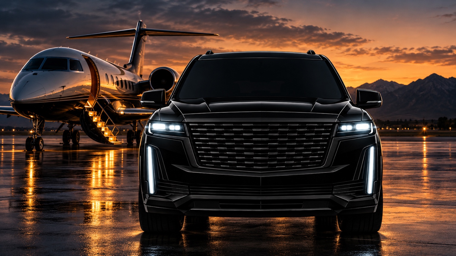 Black luxury SUV beside a private jet at sunset